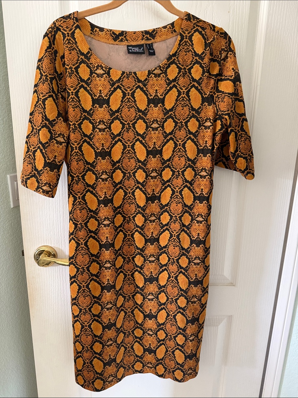 Women With Control Stretch Orange and Black Snake-Print Midi Dress with pockets